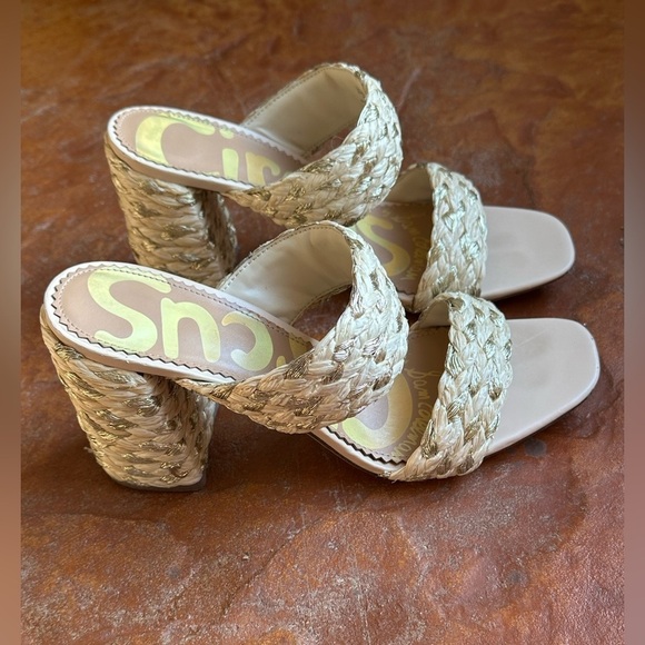 Sam Edelman Circus Cream & Gold Glamorous Woven Block Heeled Sandals Sz 9.5 M - Picture 1 of 8